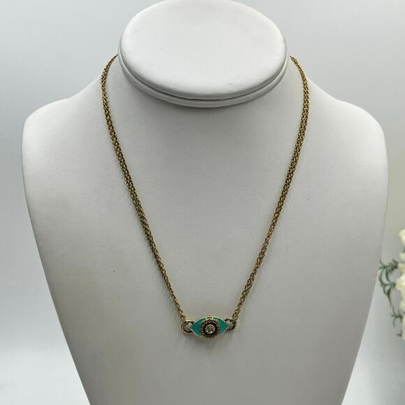 Michal Golan Turquoise and Black Evil Eye Necklace on Double Chain Rhinestone - Picture 1 of 15